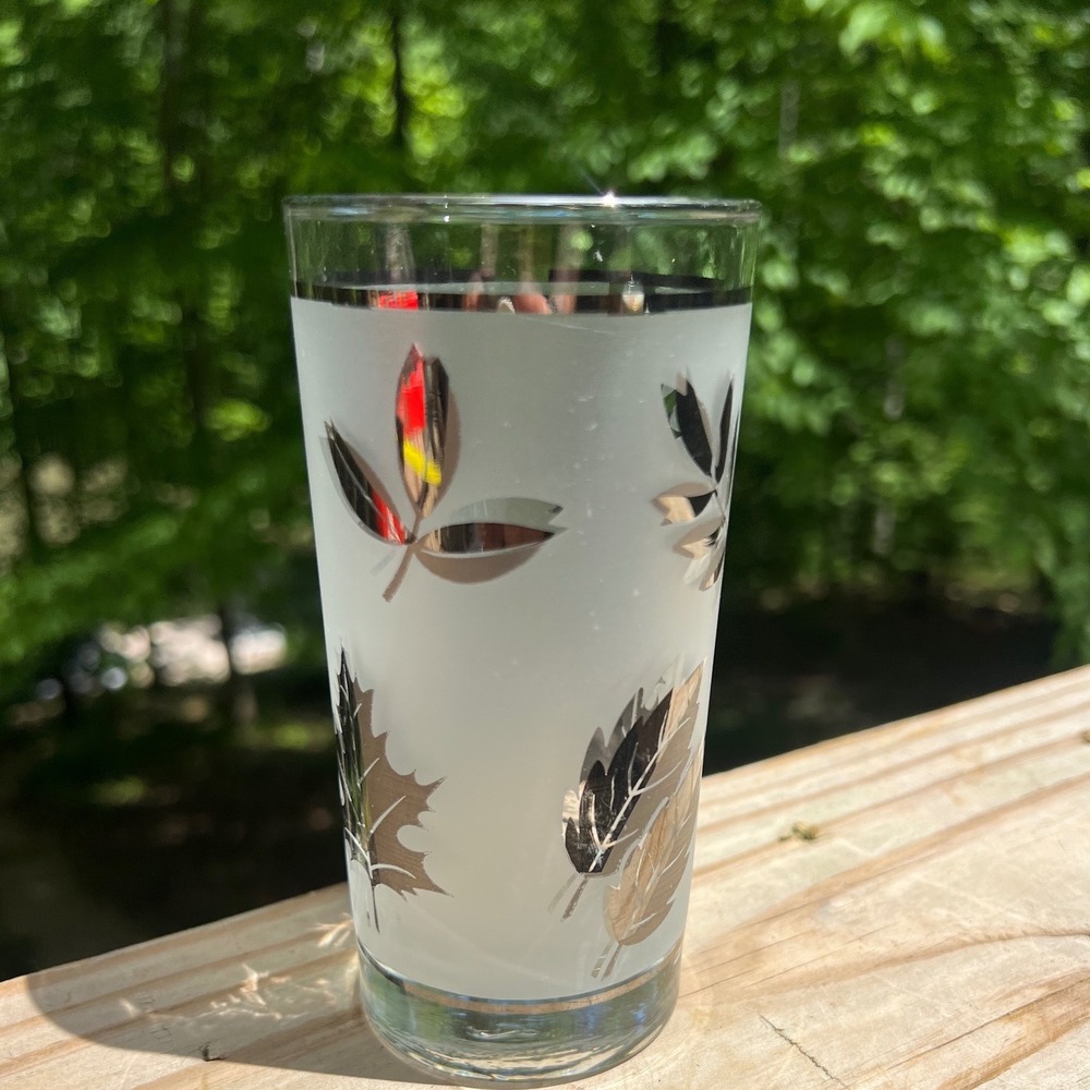 Vintage Libbey Frosted Tumbler Glass 1950s Silver Leaf MCM Barware 5.5"